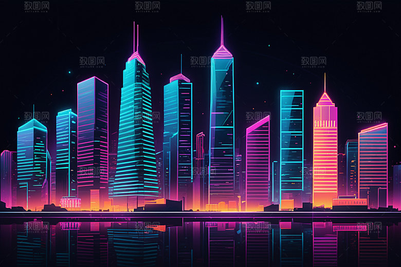 霓虹城市建筑地标插画