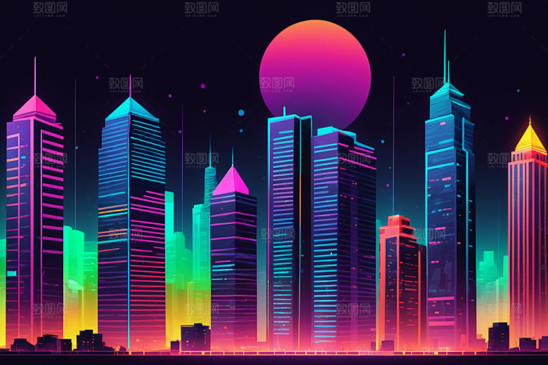 霓虹城市地标都市插画