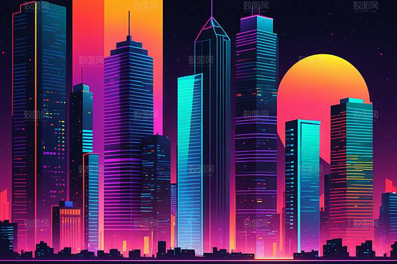 霓虹城市彩色时尚插画