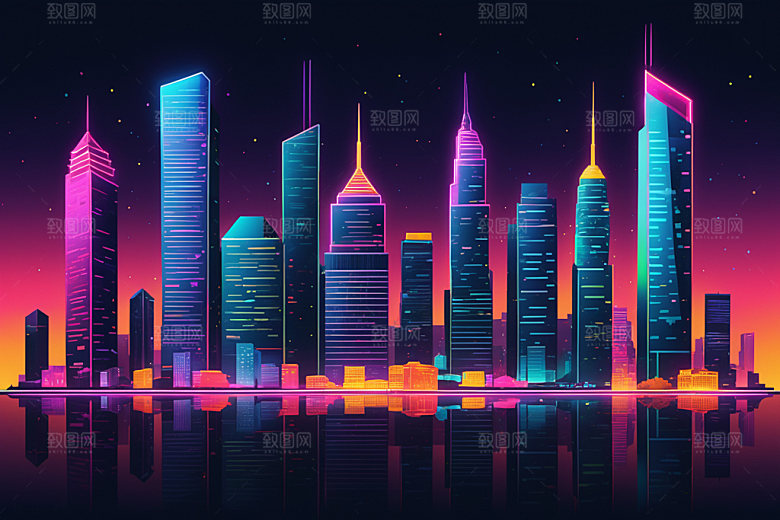 霓虹城市赛博朋克元素插画