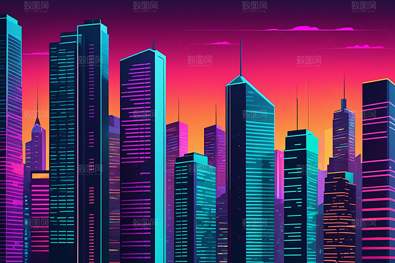 霓虹城市元素科技感插画