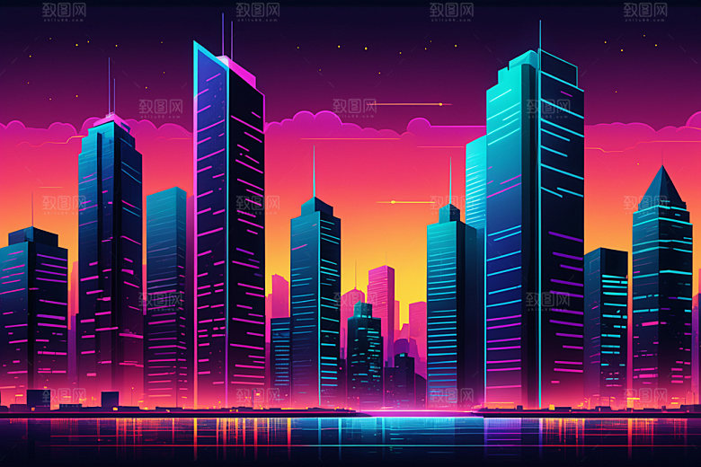 霓虹城市建筑彩色插画