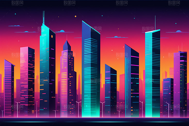 霓虹城市地标科技感插画