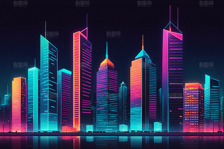 霓虹城市彩色未来插画
