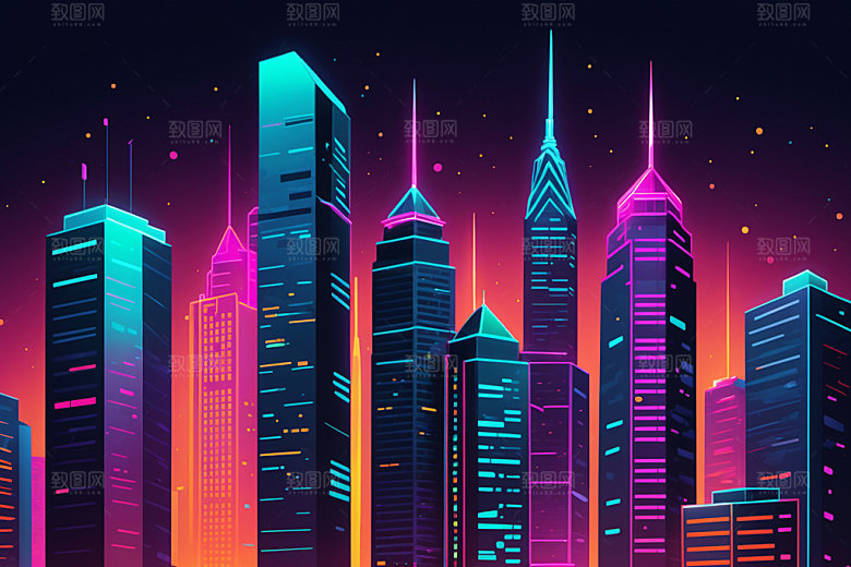 霓虹城市未来地标插画