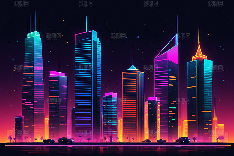 霓虹城市元素未来插画