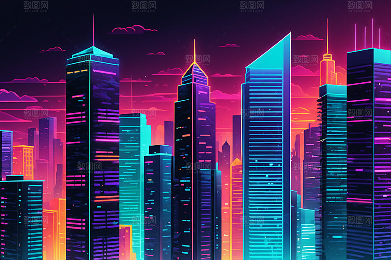 霓虹城市科技感未来插画