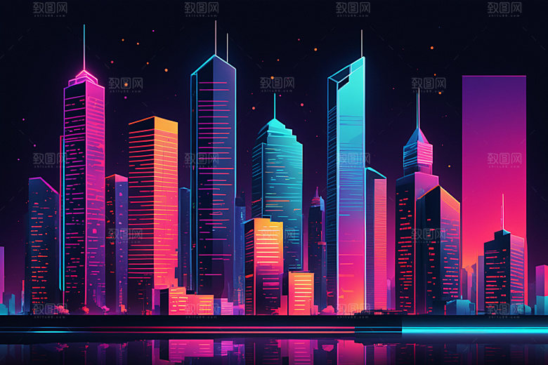霓虹城市科技感时尚插画