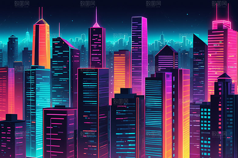 霓虹城市地标未来插画