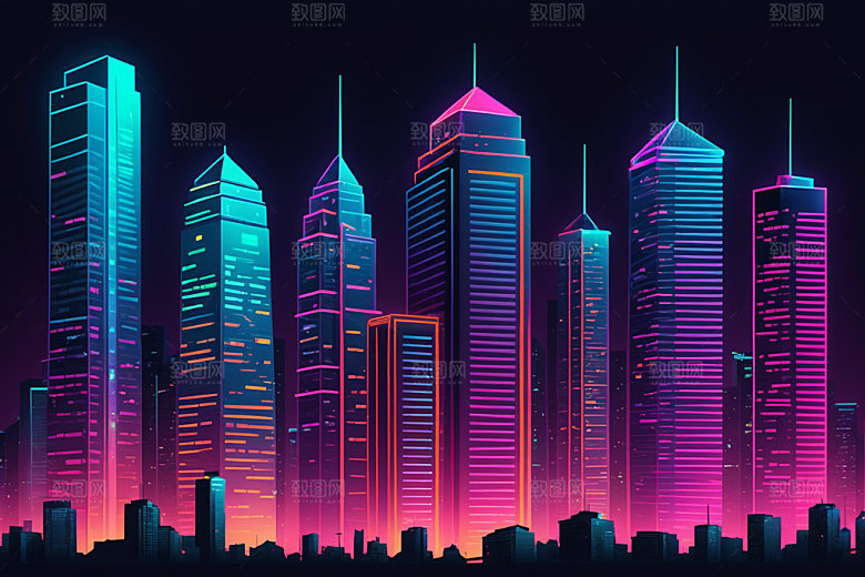 霓虹城市地标彩色插画
