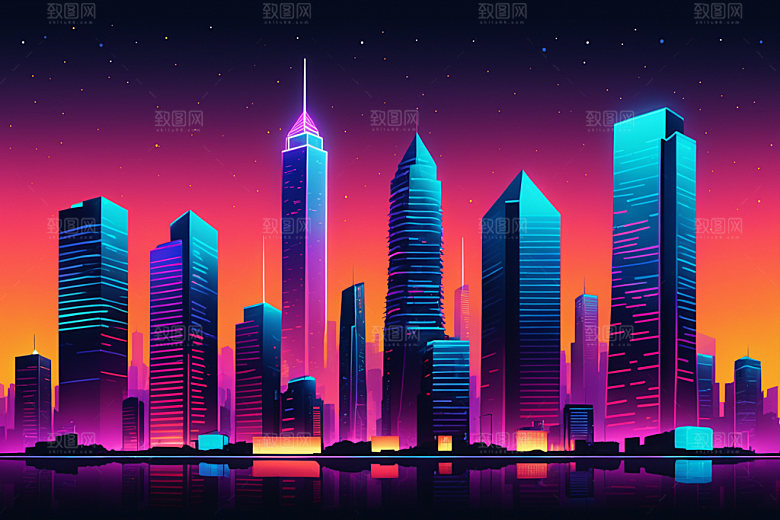 霓虹城市建筑赛博朋克插画
