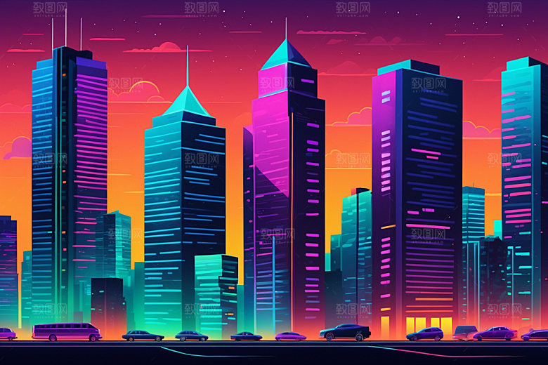 霓虹城市都市元素插画