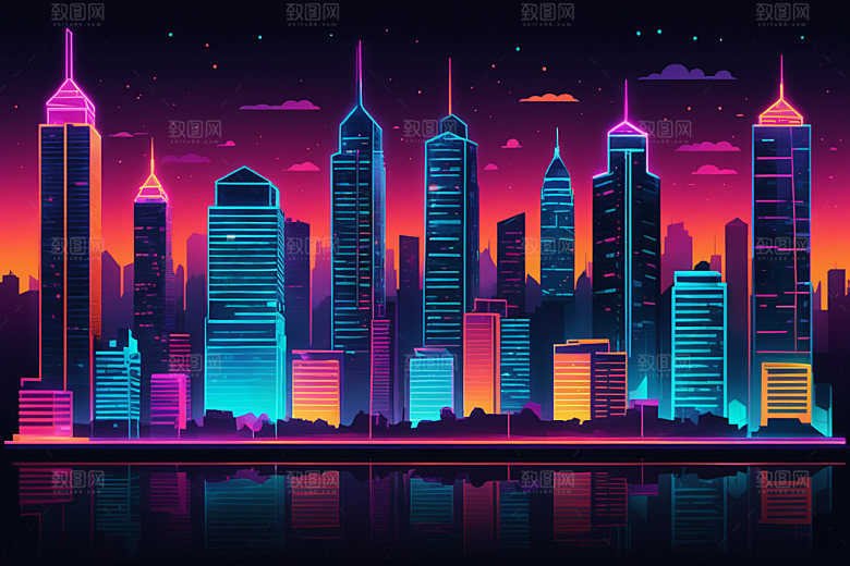 霓虹城市赛博朋克元素插画