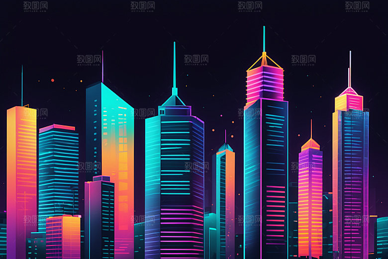 霓虹城市建筑未来插画
