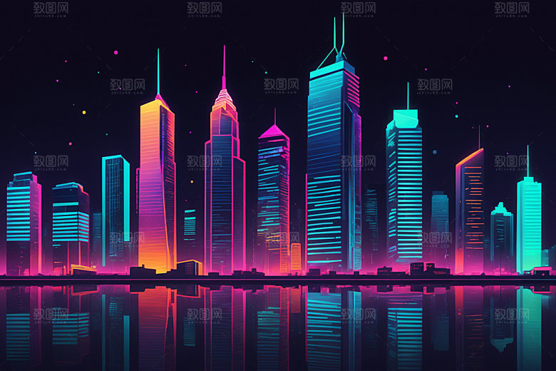 霓虹城市元素彩色插画