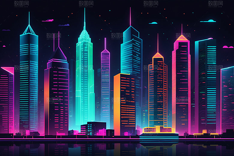 霓虹城市地标未来插画