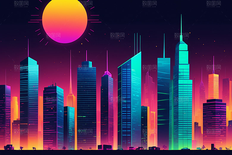 霓虹城市建筑彩色插画