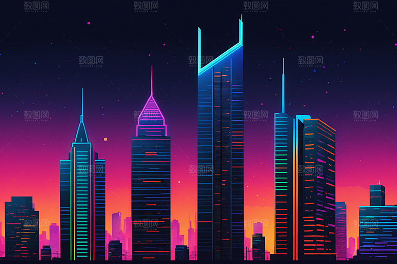 霓虹城市赛博朋克地标插画