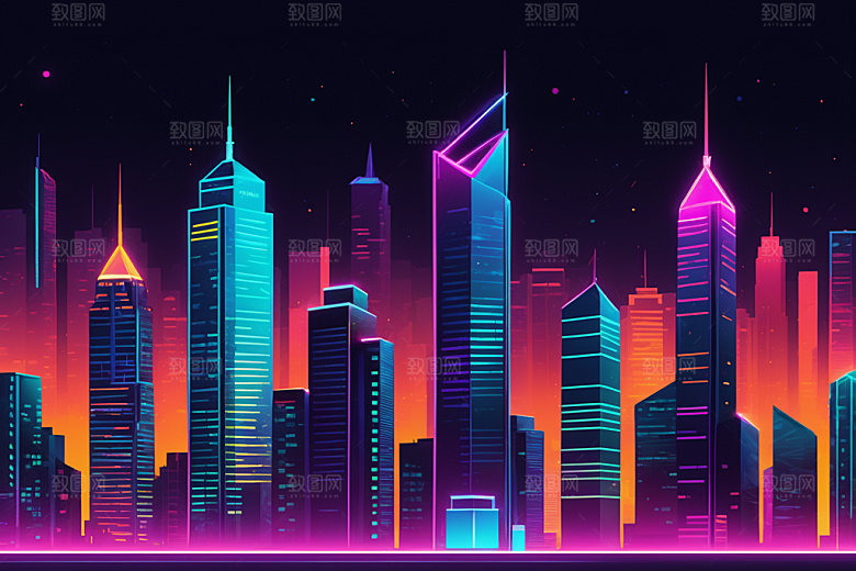 霓虹城市都市彩色插画