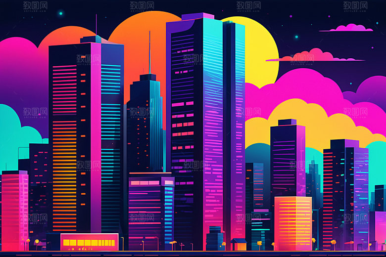 霓虹城市地标赛博朋克插画