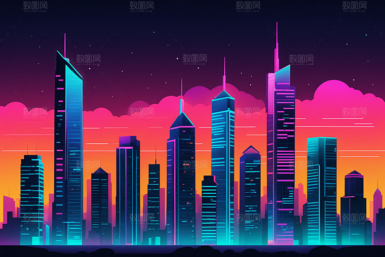 霓虹城市都市建筑插画