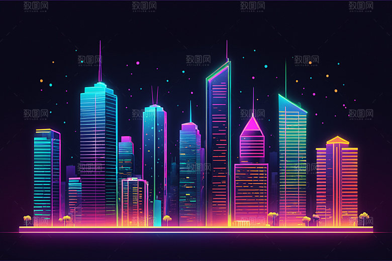 霓虹城市彩色赛博朋克插画