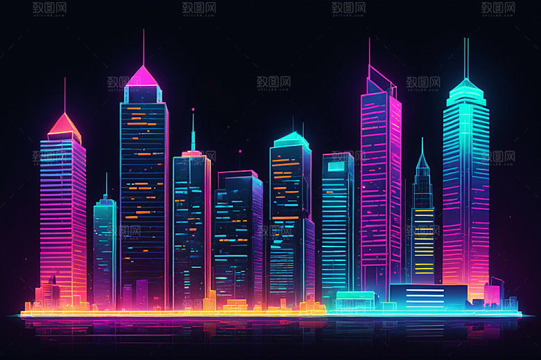 霓虹城市赛博朋克地标插画