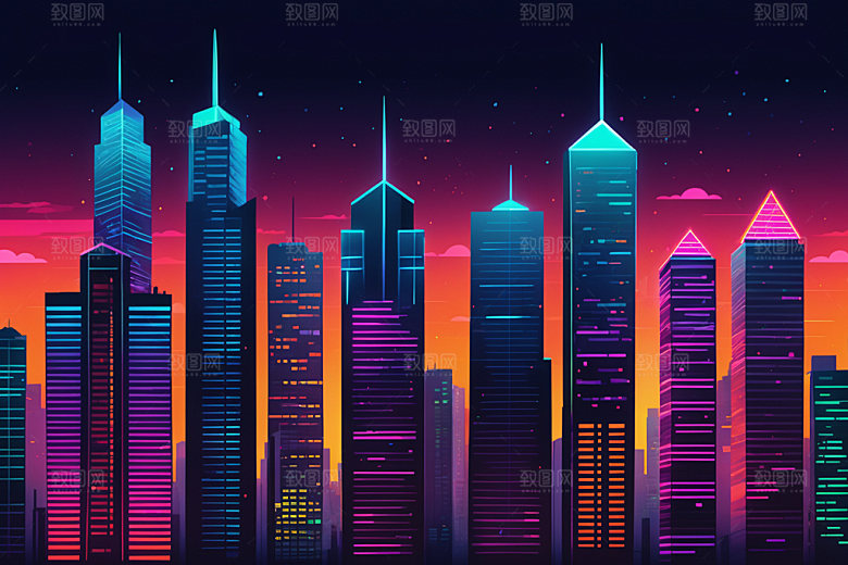 霓虹城市建筑时尚插画