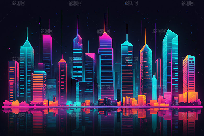 霓虹城市元素科技感插画