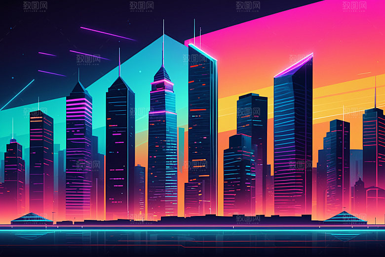 霓虹城市赛博朋克地标插画