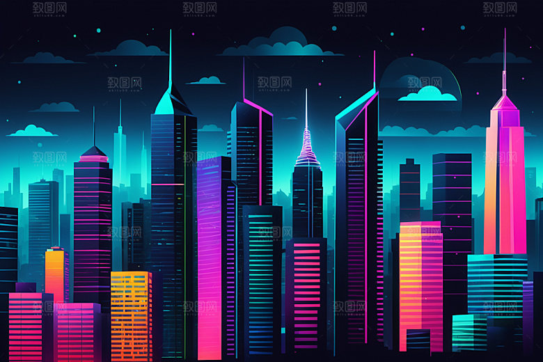 霓虹城市彩色建筑插画