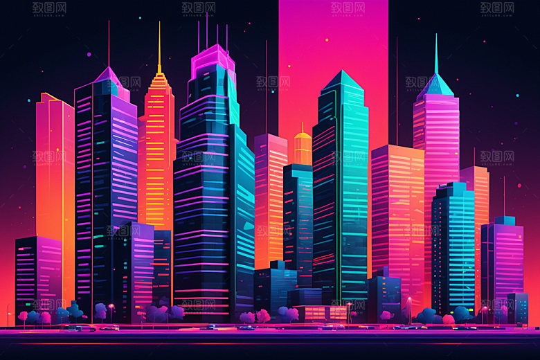 霓虹城市建筑科技感插画