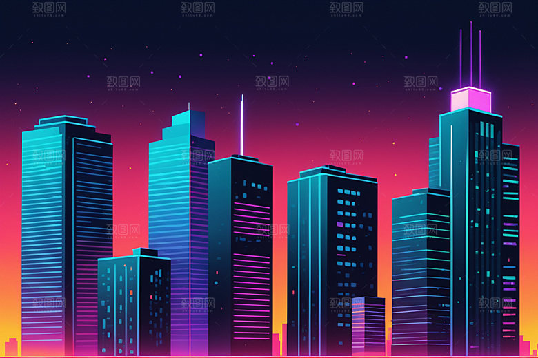 霓虹城市都市元素插画