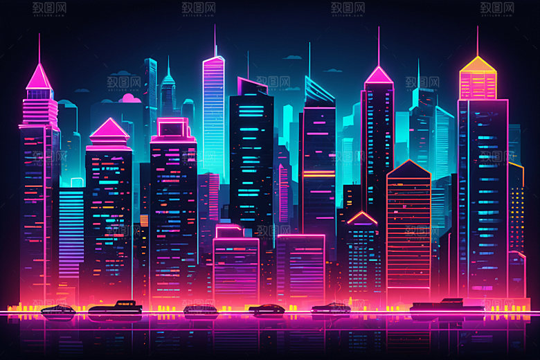 霓虹城市地标都市插画