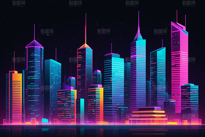 霓虹城市建筑未来插画