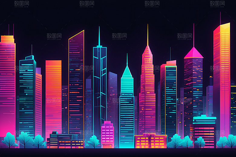 霓虹城市建筑科技感插画