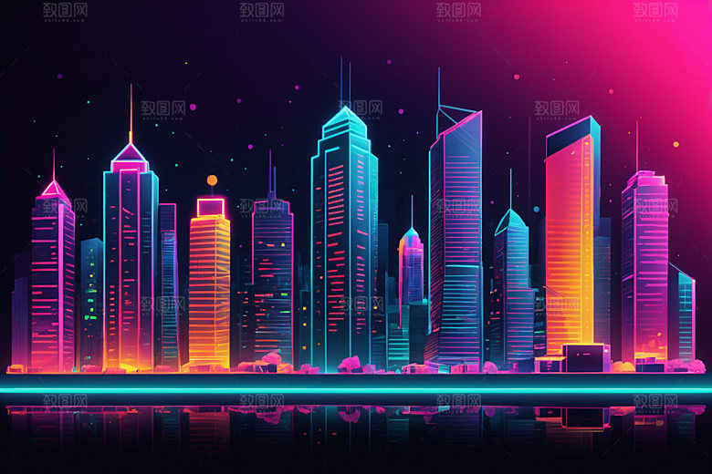 霓虹城市未来地标插画