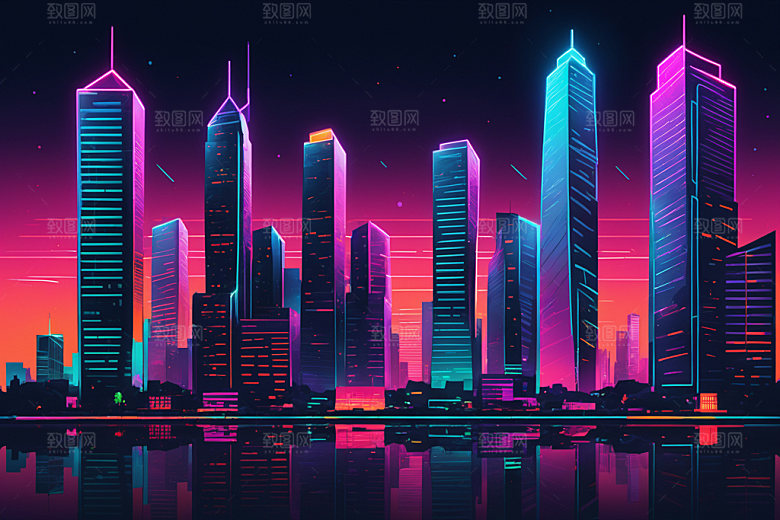 霓虹城市彩色时尚插画