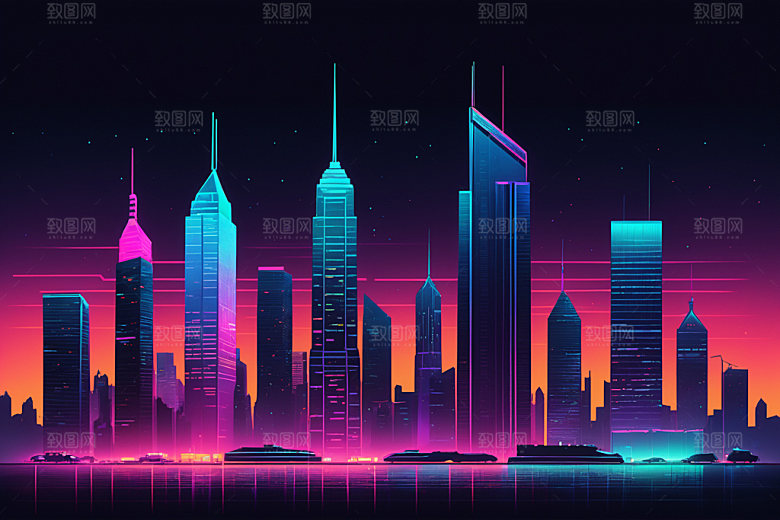霓虹城市元素未来插画