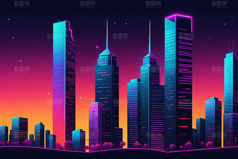 霓虹城市科技感都市插画