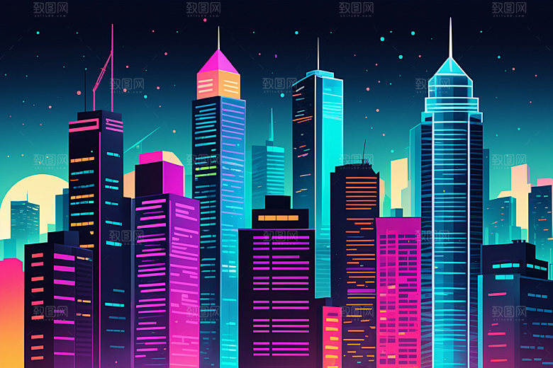 霓虹城市都市彩色插画