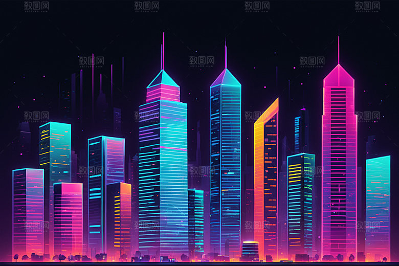 霓虹城市元素都市插画