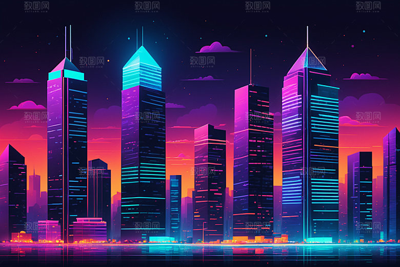 霓虹城市地标赛博朋克插画