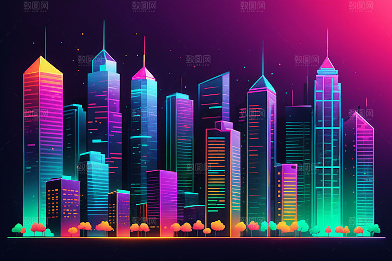 霓虹城市建筑科技感插画