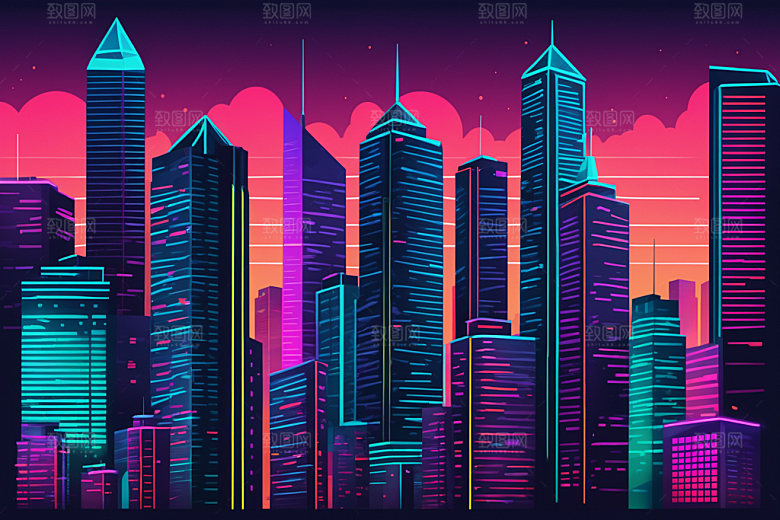 霓虹城市彩色都市插画