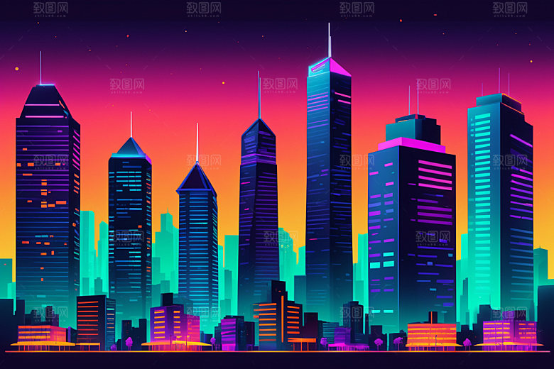 霓虹城市科技感赛博朋克插画