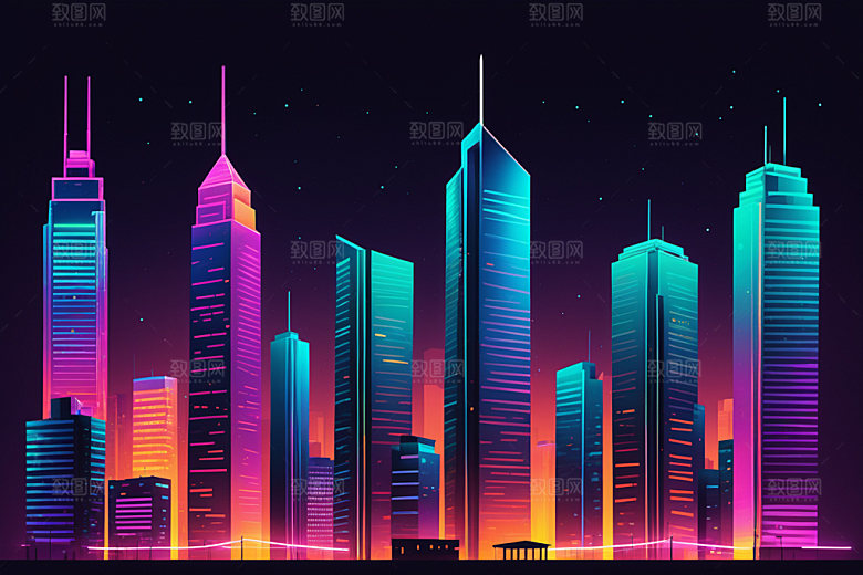 霓虹城市未来建筑插画