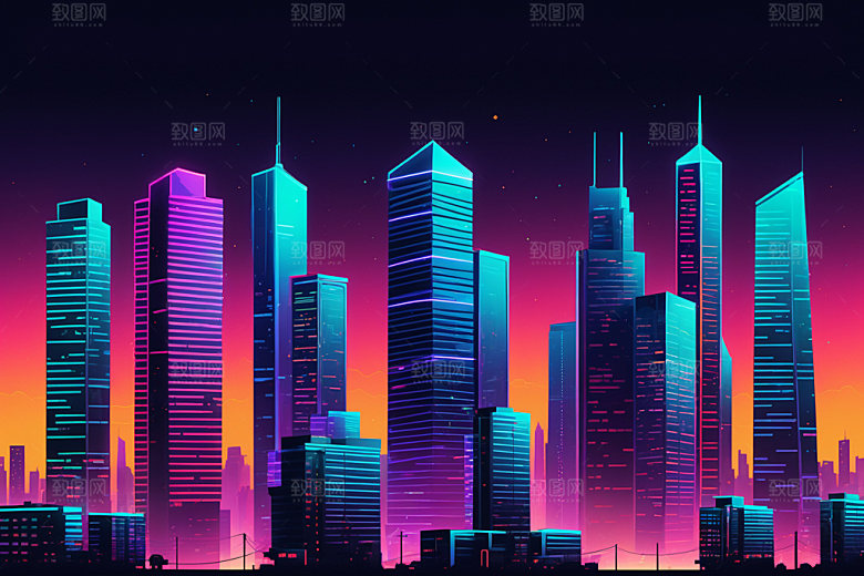 霓虹城市赛博朋克未来插画