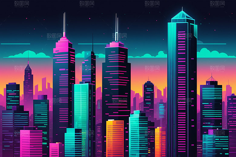 霓虹城市赛博朋克未来插画