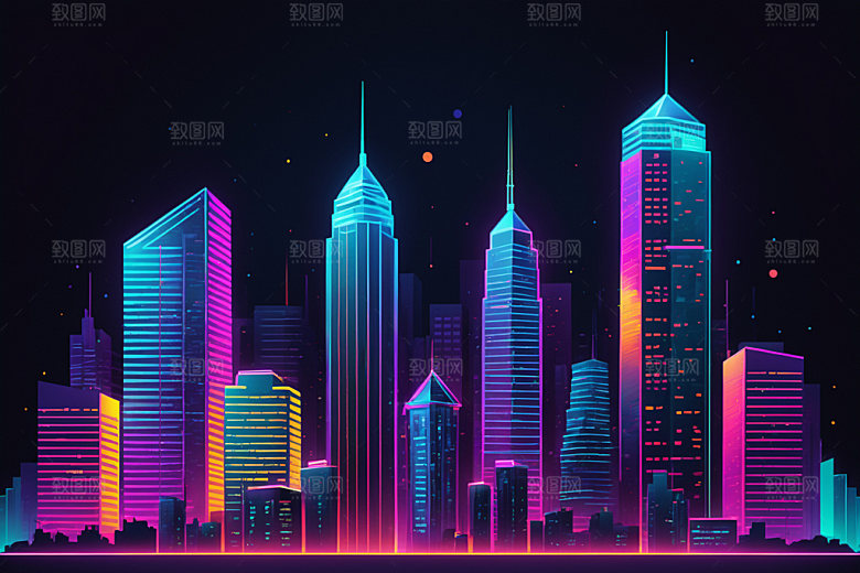 霓虹城市建筑元素插画